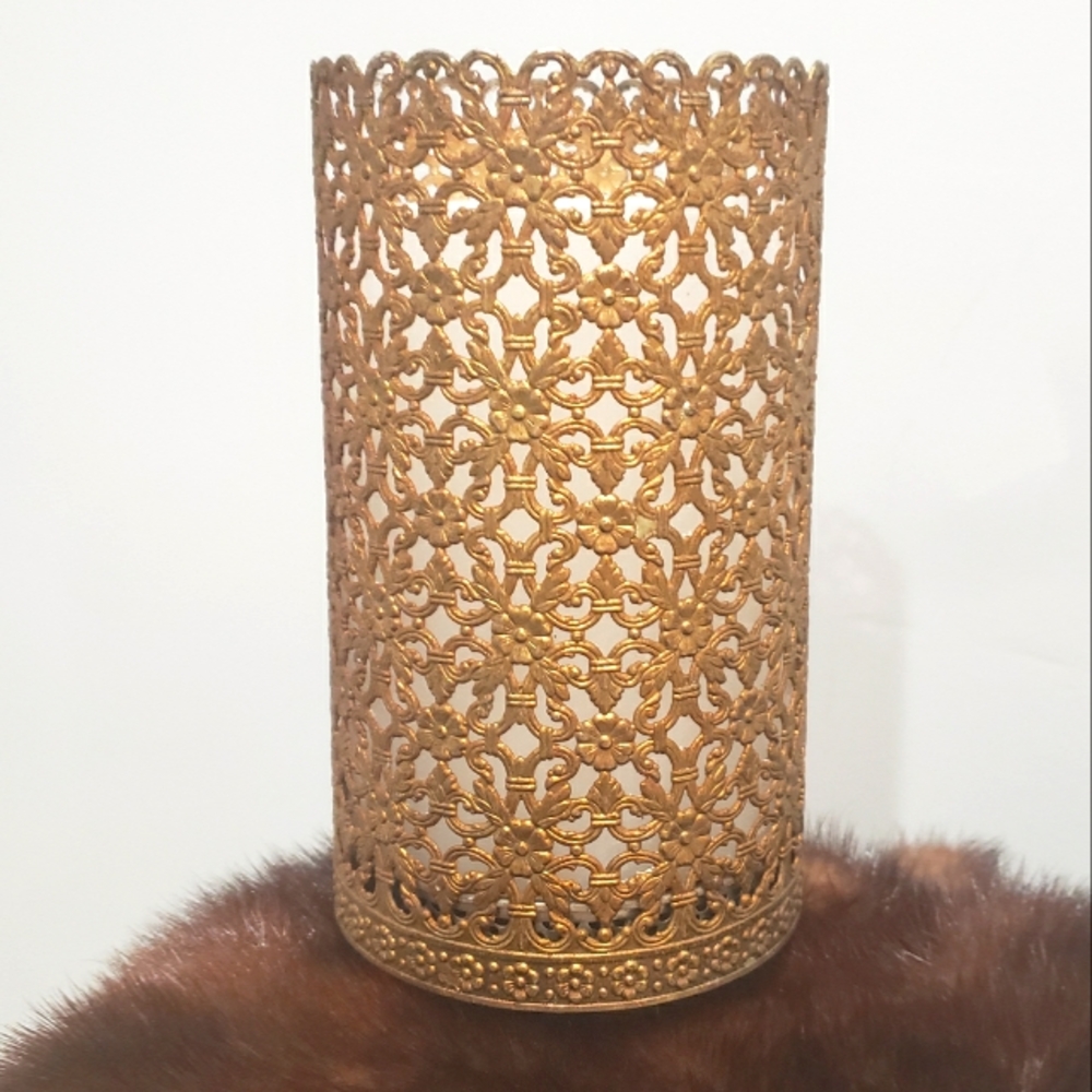 Vintage Floral Damask Embossed Gold Metal Cut-out Candle Holder